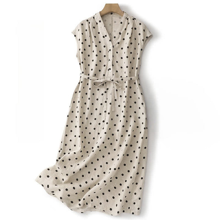 Vestido midi de verano de algodón y lino con cuello en V, lunares y cordones para mujer, con bolsillos, de Buddha Stones - Blanco - US14，UK/AU18，EU46 (2XL) - image 8