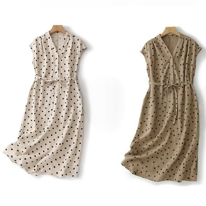 Vestido midi de verano de algodón y lino con cuello en V, lunares y cordones para mujer, con bolsillos, de Buddha Stones - image 21