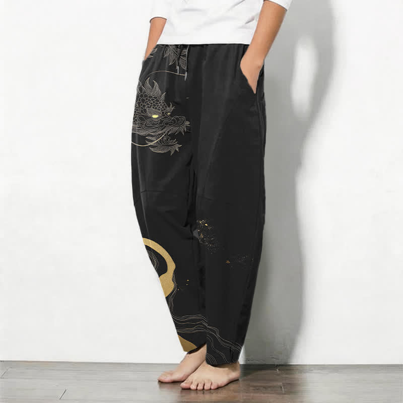 Buddha Stones Pantalones de hombre de algodón puro con estampado de nube y dragón dorado, cordón ajustable y corte cónico, con bolsillos. - image 1