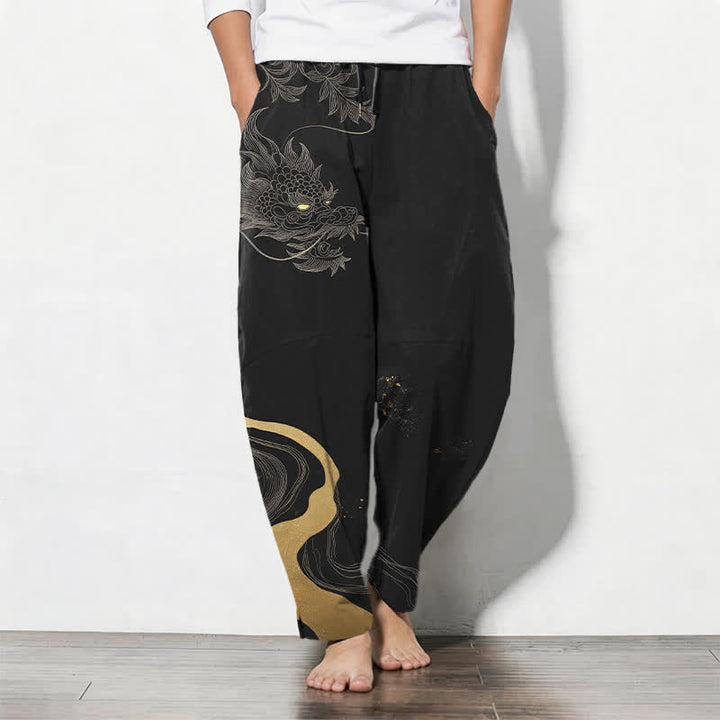 Buddha Stones Pantalones de hombre de algodón puro con estampado de nube y dragón dorado, cordón ajustable y corte cónico, con bolsillos. - Negro - US/UK/AU50, EU60 (5XL) - image 0