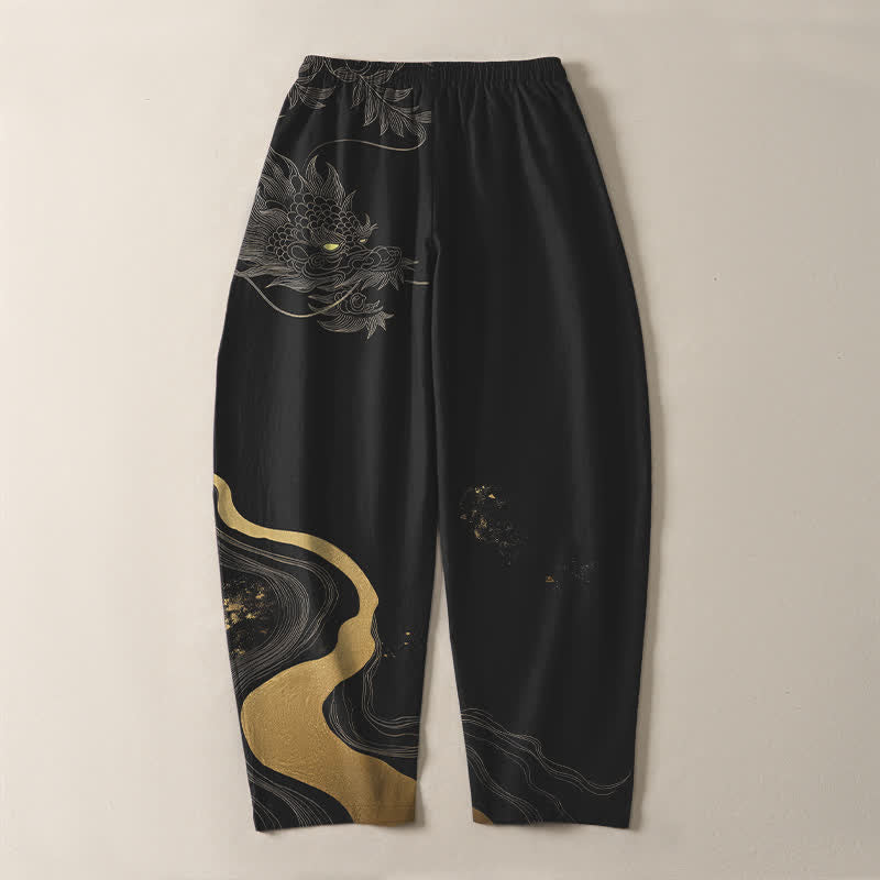 Buddha Stones Pantalones de hombre de algodón puro con estampado de nube y dragón dorado, cordón ajustable y corte cónico, con bolsillos. - image 3