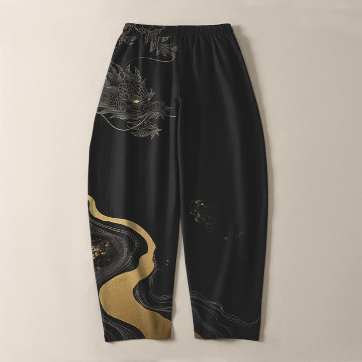 Buddha Stones Pantalones de hombre de algodón puro con estampado de nube y dragón dorado, cordón ajustable y corte cónico, con bolsillos. - image 3