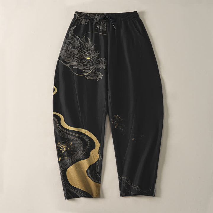 Buddha Stones Pantalones de hombre de algodón puro con estampado de nube y dragón dorado, cordón ajustable y corte cónico, con bolsillos. - image 2