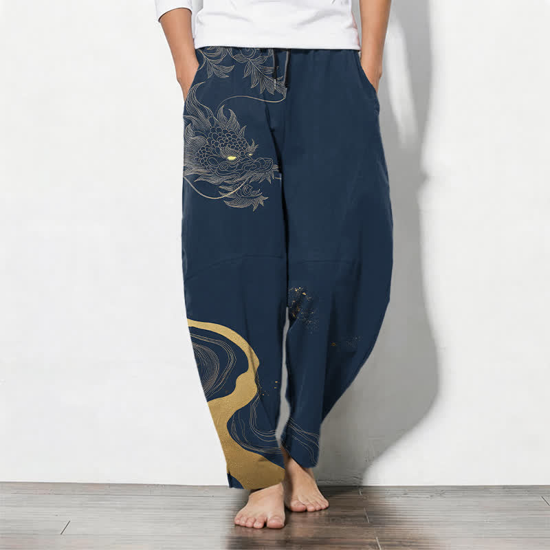 Buddha Stones Pantalones de hombre de algodón puro con estampado de nube y dragón dorado, cordón ajustable y corte cónico, con bolsillos. - Marina de guerra - US/UK/AU50, EU60 (5XL) - image 7