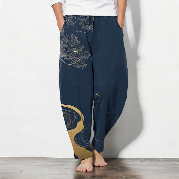 Buddha Stones Pantalones de hombre de algodón puro con estampado de nube y dragón dorado, cordón ajustable y corte cónico, con bolsillos. - Marina de guerra - US/UK/AU50, EU60 (5XL) - image 7