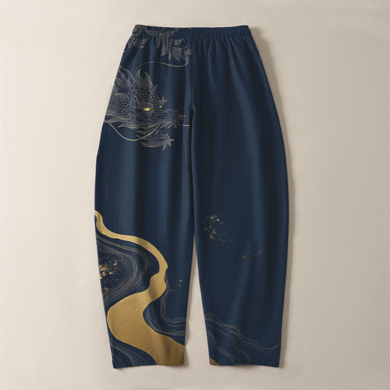 Buddha Stones Pantalones de hombre de algodón puro con estampado de nube y dragón dorado, cordón ajustable y corte cónico, con bolsillos. - image 10