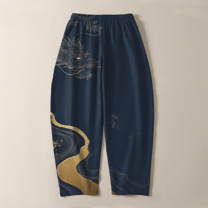 Buddha Stones Pantalones de hombre de algodón puro con estampado de nube y dragón dorado, cordón ajustable y corte cónico, con bolsillos. - image 10