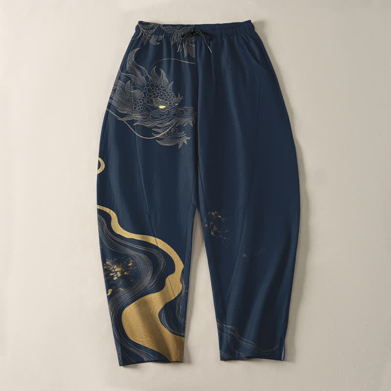 Buddha Stones Pantalones de hombre de algodón puro con estampado de nube y dragón dorado, cordón ajustable y corte cónico, con bolsillos. - image 9