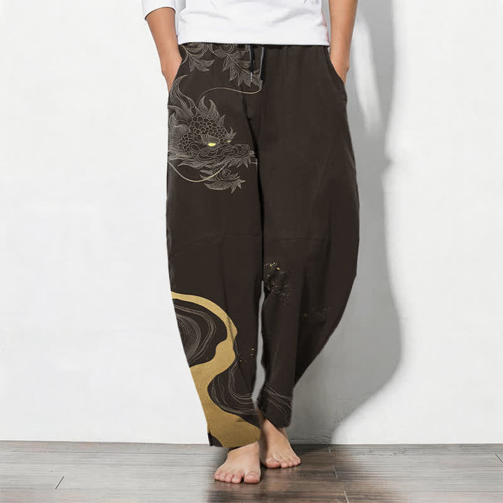 Buddha Stones Pantalones de hombre de algodón puro con estampado de nube y dragón dorado, cordón ajustable y corte cónico, con bolsillos. - Marrón silla de montar - US/UK/AU50, EU60 (5XL) - image 11