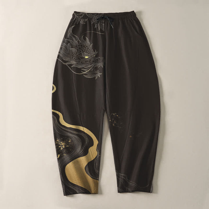 Buddha Stones Pantalones de hombre de algodón puro con estampado de nube y dragón dorado, cordón ajustable y corte cónico, con bolsillos. - image 13
