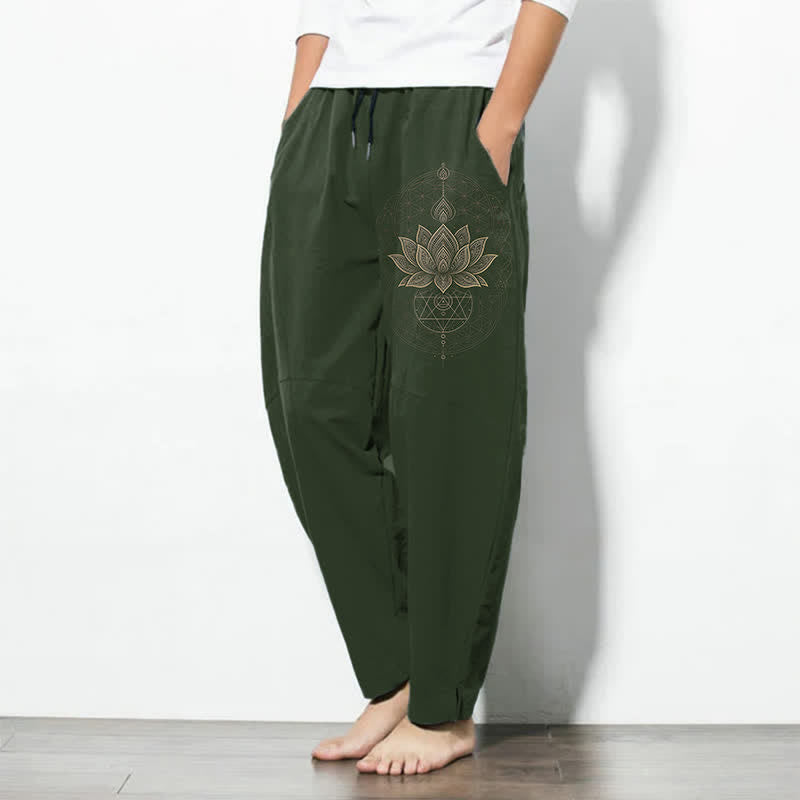 Buddha Stones Pantalones de hombre de algodón puro con estampado geométrico de mandala de loto, cordón ajustable y corte cónico, con bolsillos. - image 8