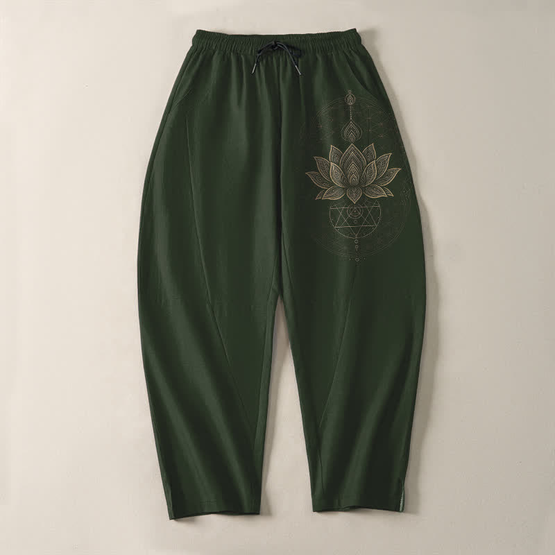 Buddha Stones Pantalones de hombre de algodón puro con estampado geométrico de mandala de loto, cordón ajustable y corte cónico, con bolsillos. - image 9