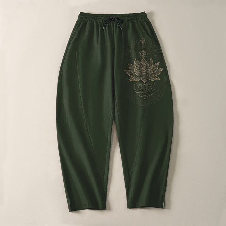 Buddha Stones Pantalones de hombre de algodón puro con estampado geométrico de mandala de loto, cordón ajustable y corte cónico, con bolsillos. - image 9