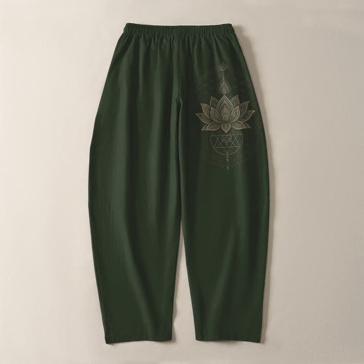 Buddha Stones Pantalones de hombre de algodón puro con estampado geométrico de mandala de loto, cordón ajustable y corte cónico, con bolsillos. - image 10