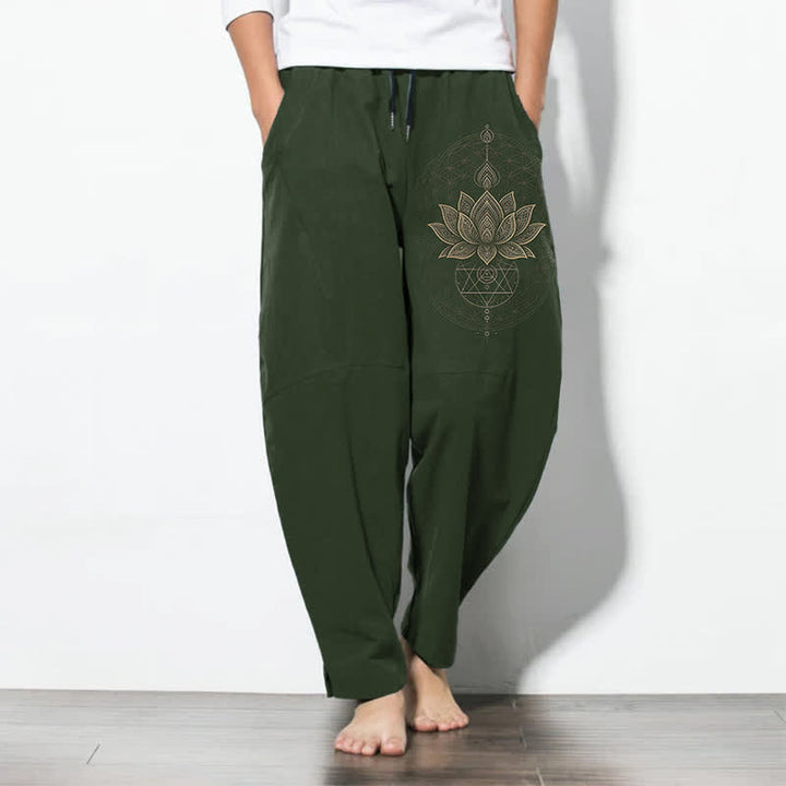 Buddha Stones Pantalones de hombre de algodón puro con estampado geométrico de mandala de loto, cordón ajustable y corte cónico, con bolsillos. - Verde oliva oscuro - US/UK/AU50, EU60 (5XL) - image 7
