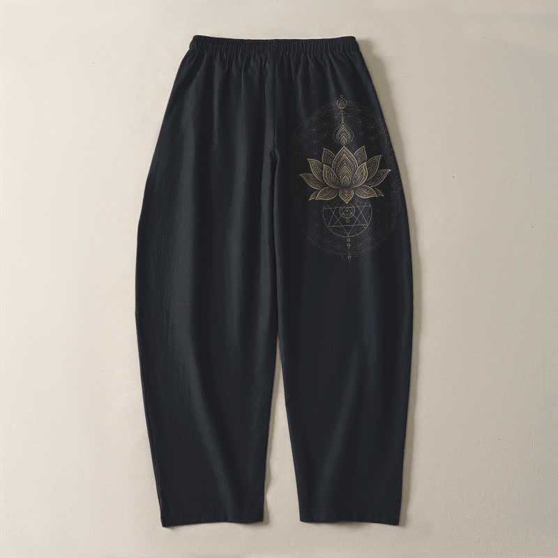 Buddha Stones Pantalones de hombre de algodón puro con estampado geométrico de mandala de loto, cordón ajustable y corte cónico, con bolsillos. - image 14