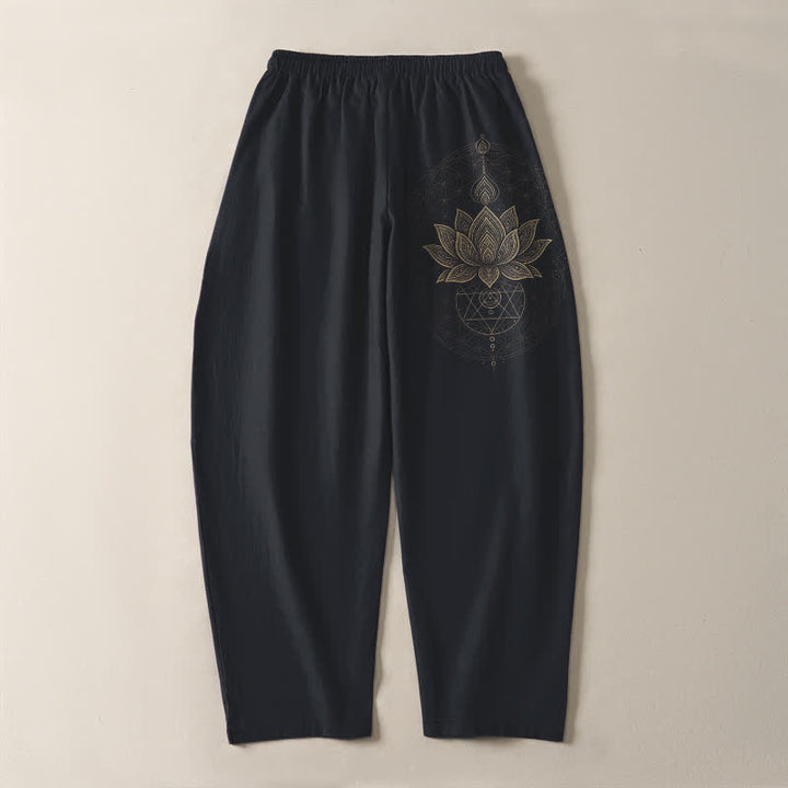 Buddha Stones Pantalones de hombre de algodón puro con estampado geométrico de mandala de loto, cordón ajustable y corte cónico, con bolsillos. - image 14