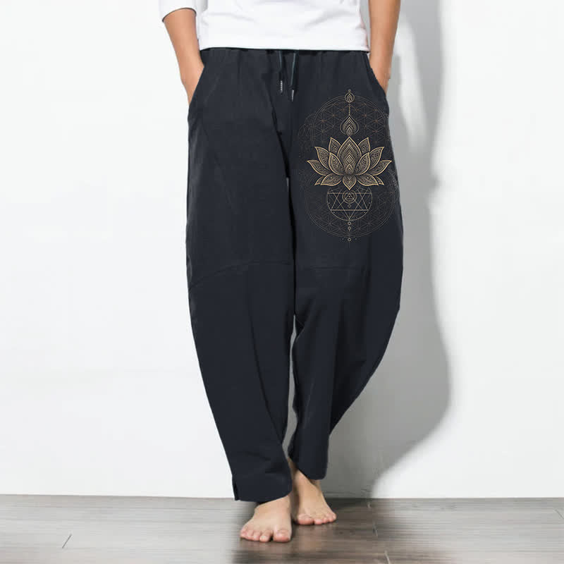 Buddha Stones Pantalones de hombre de algodón puro con estampado geométrico de mandala de loto, cordón ajustable y corte cónico, con bolsillos. - Marina de guerra - US/UK/AU50, EU60 (5XL) - image 11
