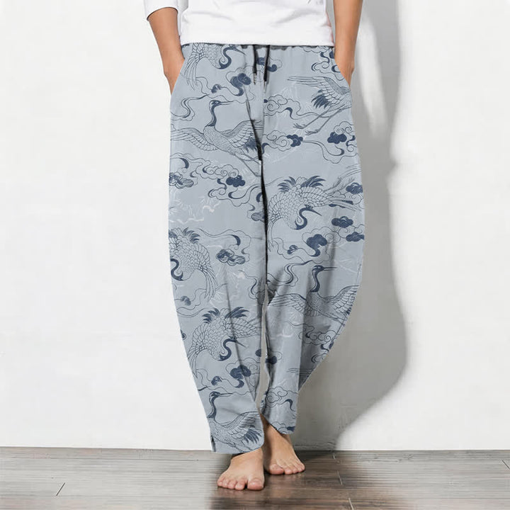 Buddha Stones Pantalones de hombre de algodón puro con estampado de grullas y nubes, cordón ajustable y corte cónico, con bolsillos. - Azul acero claro - US/UK/AU50, EU60 (5XL) - image 0