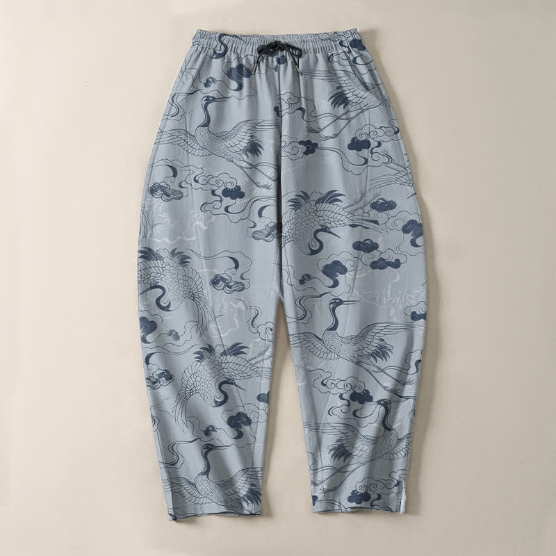 Buddha Stones Pantalones de hombre de algodón puro con estampado de grullas y nubes, cordón ajustable y corte cónico, con bolsillos. - image 2
