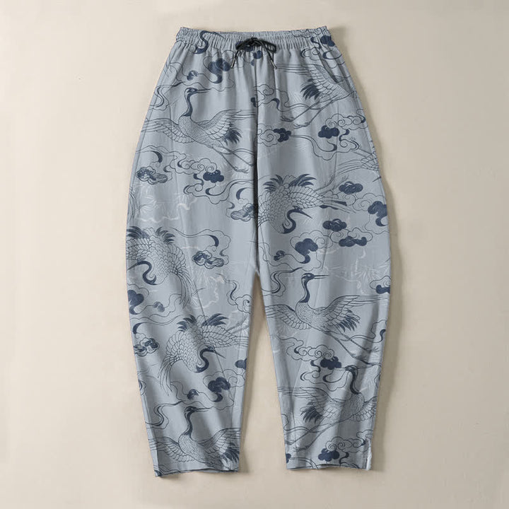 Buddha Stones Pantalones de hombre de algodón puro con estampado de grullas y nubes, cordón ajustable y corte cónico, con bolsillos. - image 2