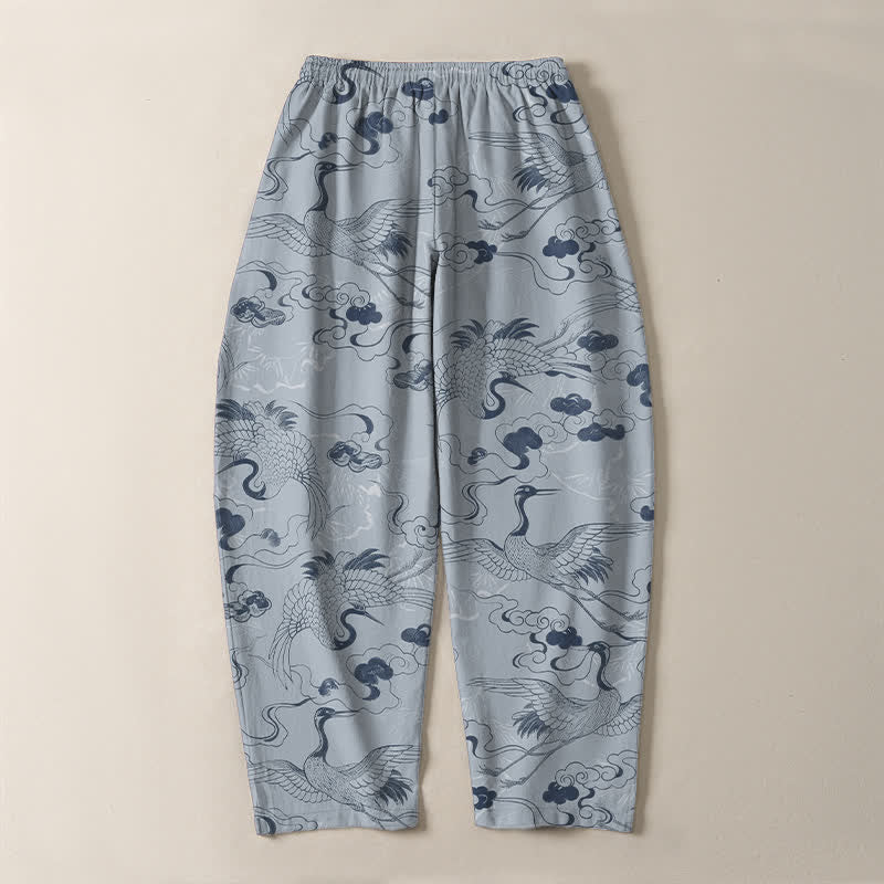 Buddha Stones Pantalones de hombre de algodón puro con estampado de grullas y nubes, cordón ajustable y corte cónico, con bolsillos. - image 3