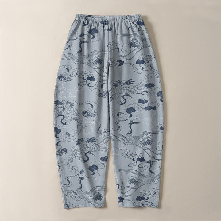 Buddha Stones Pantalones de hombre de algodón puro con estampado de grullas y nubes, cordón ajustable y corte cónico, con bolsillos. - image 3