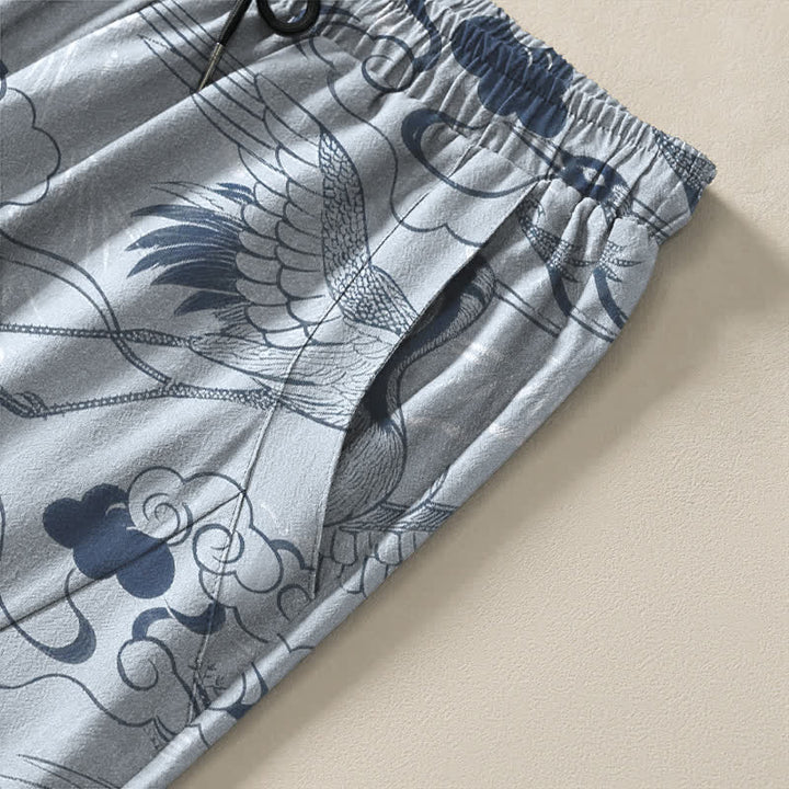 Buddha Stones Pantalones de hombre de algodón puro con estampado de grullas y nubes, cordón ajustable y corte cónico, con bolsillos. - image 4
