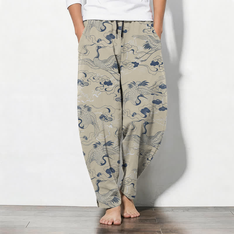 Buddha Stones Pantalones de hombre de algodón puro con estampado de grullas y nubes, cordón ajustable y corte cónico, con bolsillos. - Beige - US/UK/AU50, EU60 (5XL) - image 7