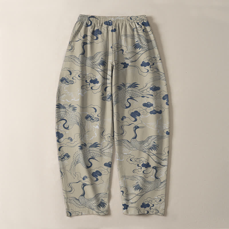 Buddha Stones Pantalones de hombre de algodón puro con estampado de grullas y nubes, cordón ajustable y corte cónico, con bolsillos. - image 10