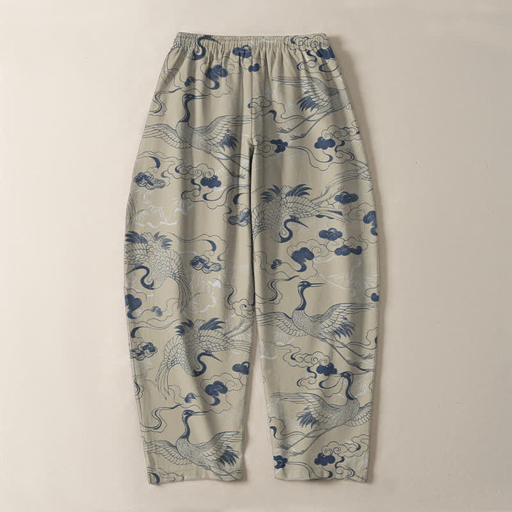 Buddha Stones Pantalones de hombre de algodón puro con estampado de grullas y nubes, cordón ajustable y corte cónico, con bolsillos. - image 10