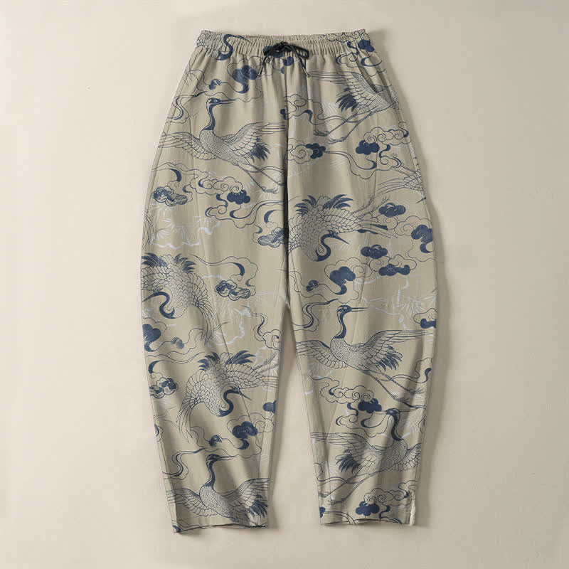 Buddha Stones Pantalones de hombre de algodón puro con estampado de grullas y nubes, cordón ajustable y corte cónico, con bolsillos. - image 9