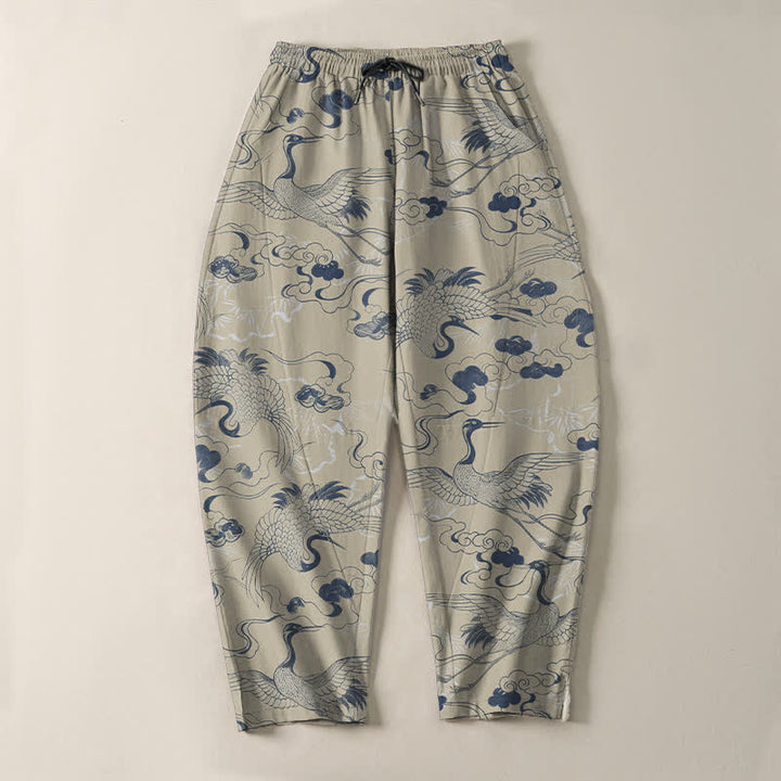 Buddha Stones Pantalones de hombre de algodón puro con estampado de grullas y nubes, cordón ajustable y corte cónico, con bolsillos. - image 9