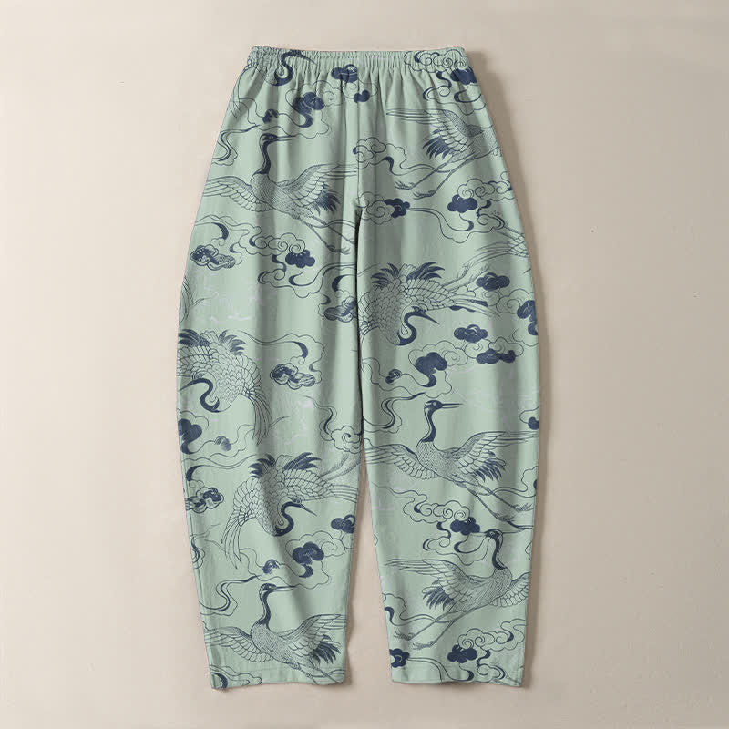 Buddha Stones Pantalones de hombre de algodón puro con estampado de grullas y nubes, cordón ajustable y corte cónico, con bolsillos. - image 14