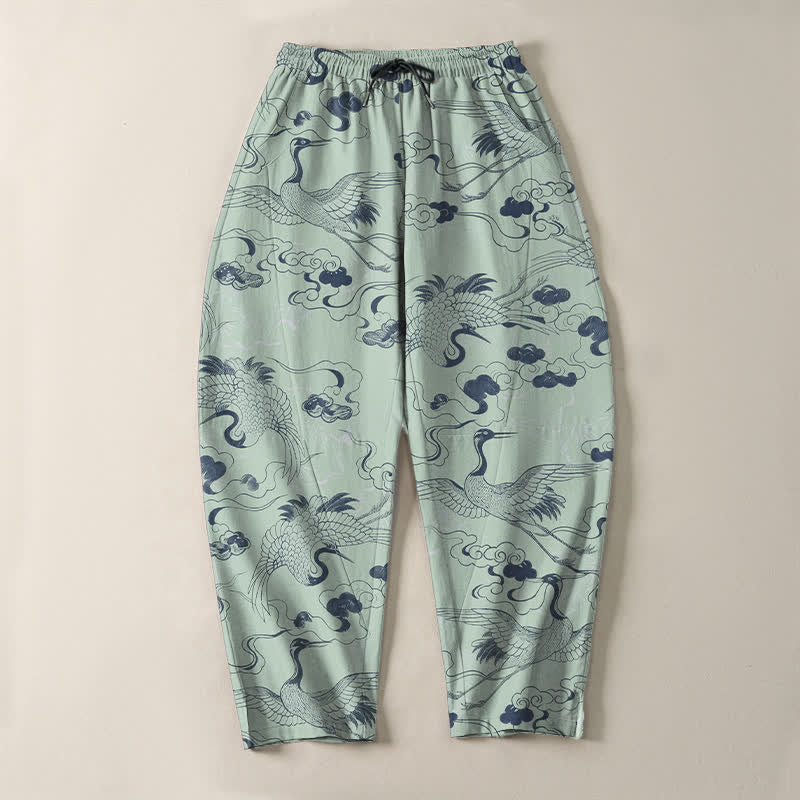 Buddha Stones Pantalones de hombre de algodón puro con estampado de grullas y nubes, cordón ajustable y corte cónico, con bolsillos. - image 13