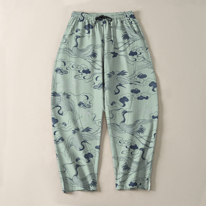 Buddha Stones Pantalones de hombre de algodón puro con estampado de grullas y nubes, cordón ajustable y corte cónico, con bolsillos. - image 13