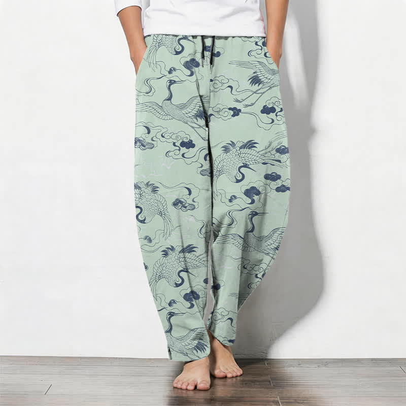 Buddha Stones Pantalones de hombre de algodón puro con estampado de grullas y nubes, cordón ajustable y corte cónico, con bolsillos. - Verde pálido - US/UK/AU50, EU60 (5XL) - image 11
