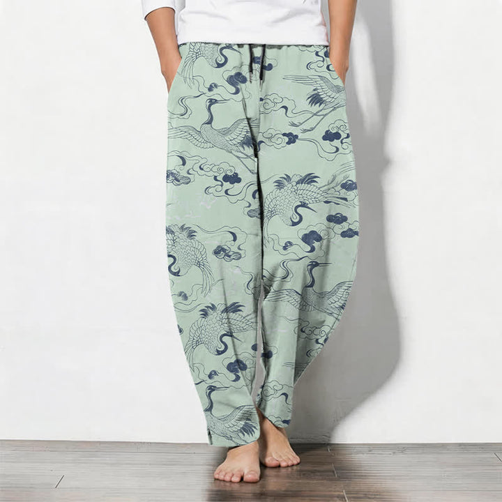 Buddha Stones Pantalones de hombre de algodón puro con estampado de grullas y nubes, cordón ajustable y corte cónico, con bolsillos. - Verde pálido - US/UK/AU50, EU60 (5XL) - image 11