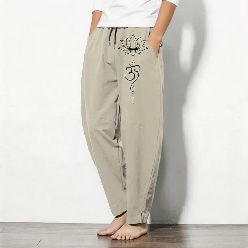 Buddha Stones Pantalones de hombre de algodón puro con estampado Lotus Om, cordón ajustable y corte cónico, con bolsillos. - image 1