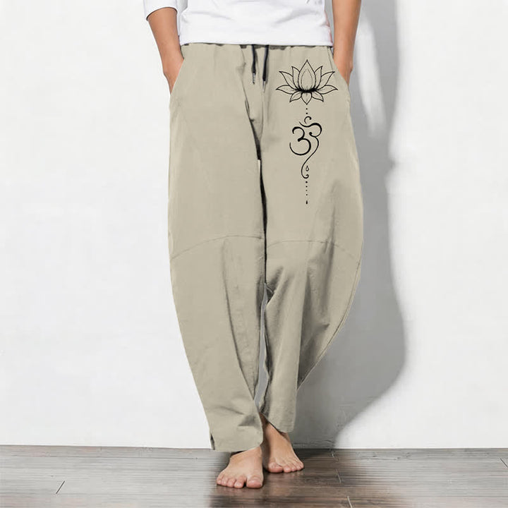 Buddha Stones Pantalones de hombre de algodón puro con estampado Lotus Om, cordón ajustable y corte cónico, con bolsillos. - Beige - US/UK/AU50, EU60 (5XL) - image 0
