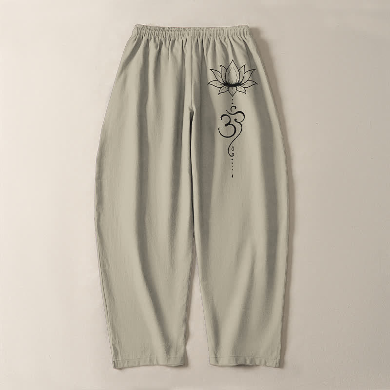 Buddha Stones Pantalones de hombre de algodón puro con estampado Lotus Om, cordón ajustable y corte cónico, con bolsillos. - image 3
