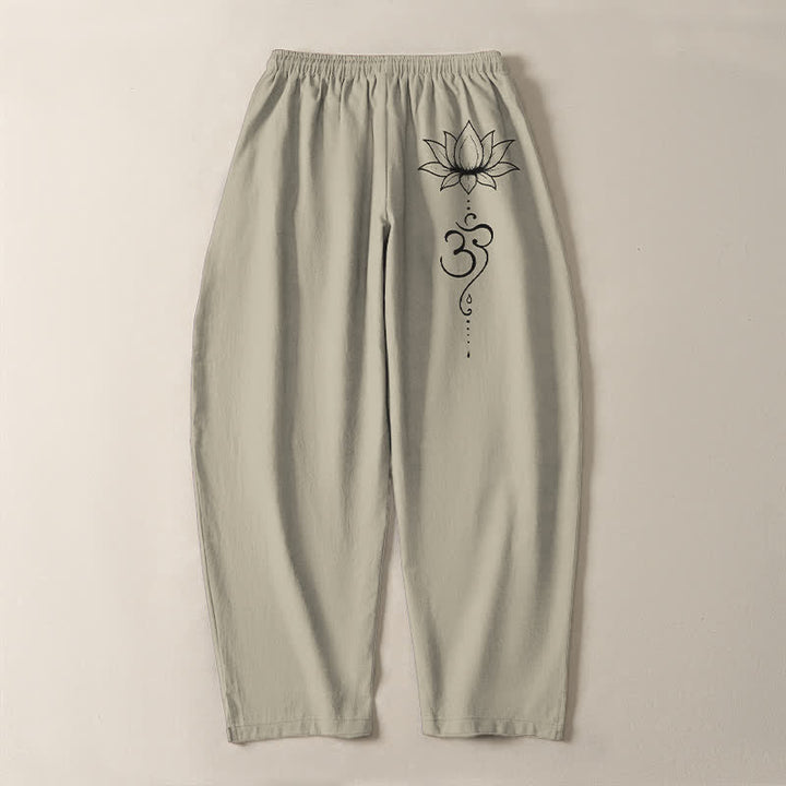 Buddha Stones Pantalones de hombre de algodón puro con estampado Lotus Om, cordón ajustable y corte cónico, con bolsillos. - image 3