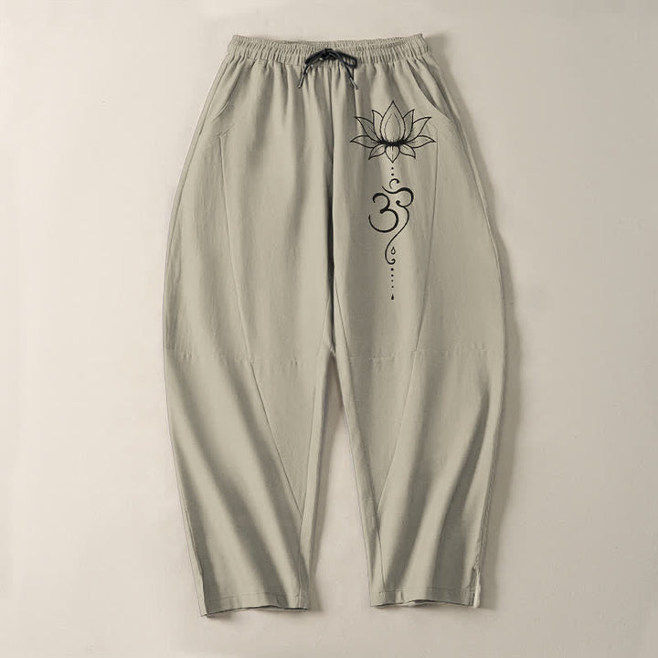 Buddha Stones Pantalones de hombre de algodón puro con estampado Lotus Om, cordón ajustable y corte cónico, con bolsillos. - image 2