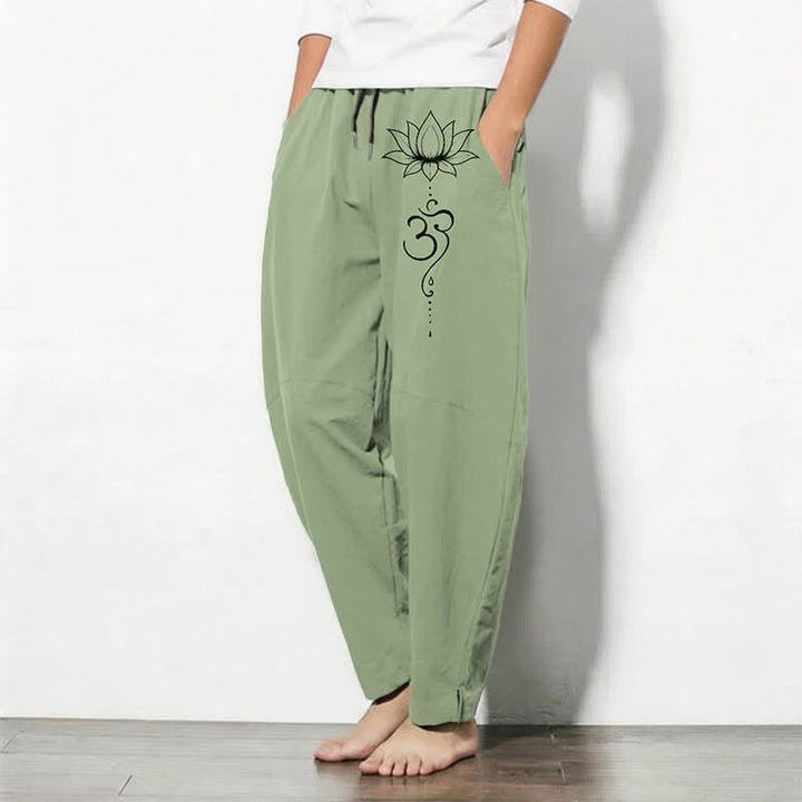 Buddha Stones Pantalones de hombre de algodón puro con estampado Lotus Om, cordón ajustable y corte cónico, con bolsillos. - image 8