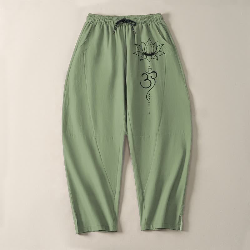 Buddha Stones Pantalones de hombre de algodón puro con estampado Lotus Om, cordón ajustable y corte cónico, con bolsillos. - image 9