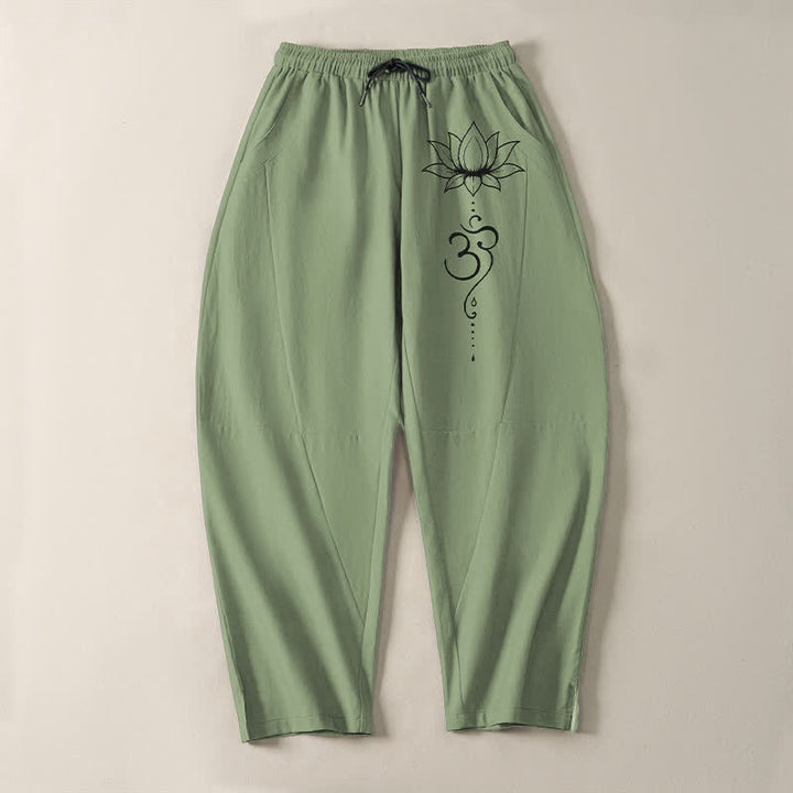Buddha Stones Pantalones de hombre de algodón puro con estampado Lotus Om, cordón ajustable y corte cónico, con bolsillos. - image 9