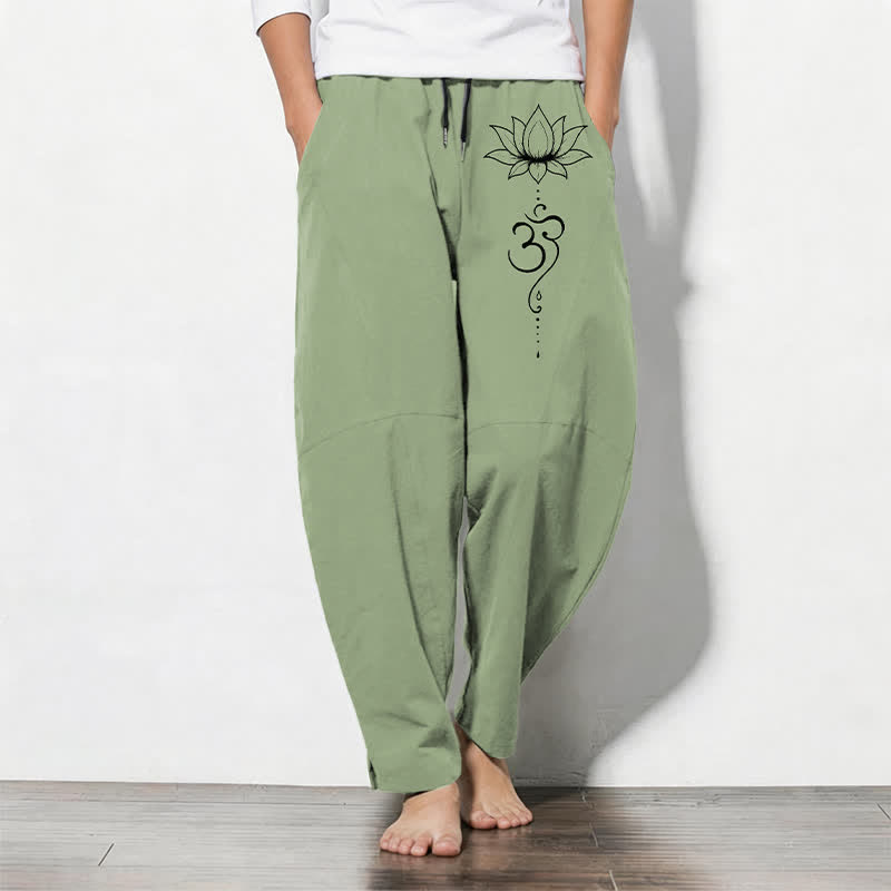 Buddha Stones Pantalones de hombre de algodón puro con estampado Lotus Om, cordón ajustable y corte cónico, con bolsillos. - Verde pálido - US/UK/AU50, EU60 (5XL) - image 7