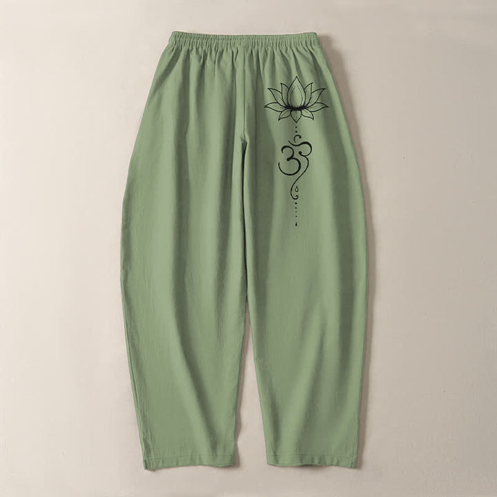 Buddha Stones Pantalones de hombre de algodón puro con estampado Lotus Om, cordón ajustable y corte cónico, con bolsillos. - image 10
