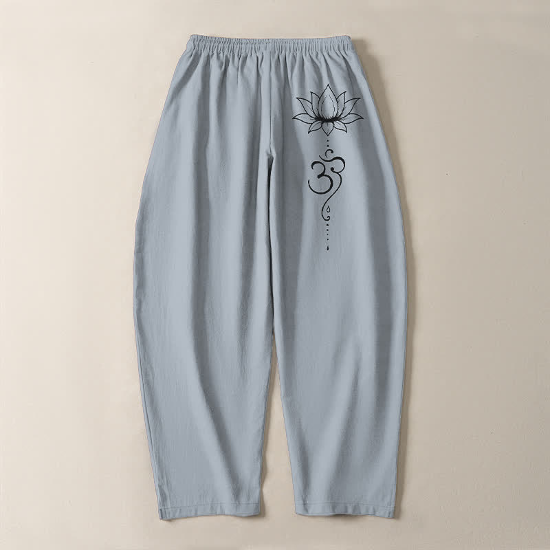 Buddha Stones Pantalones de hombre de algodón puro con estampado Lotus Om, cordón ajustable y corte cónico, con bolsillos. - image 14