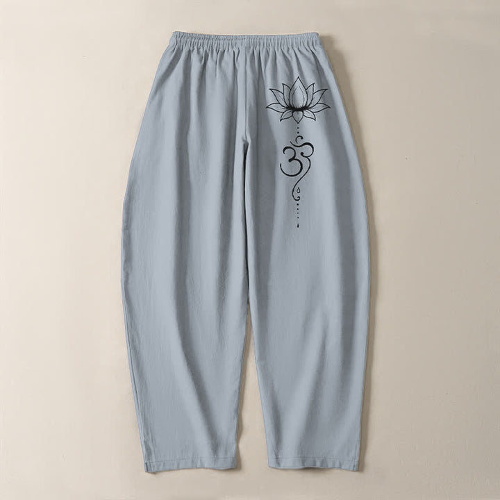 Buddha Stones Pantalones de hombre de algodón puro con estampado Lotus Om, cordón ajustable y corte cónico, con bolsillos. - image 14